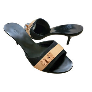 Gucci Vintage Black Turnlock Mules Kitten Heels GG Logo Leather 7 37 Slides